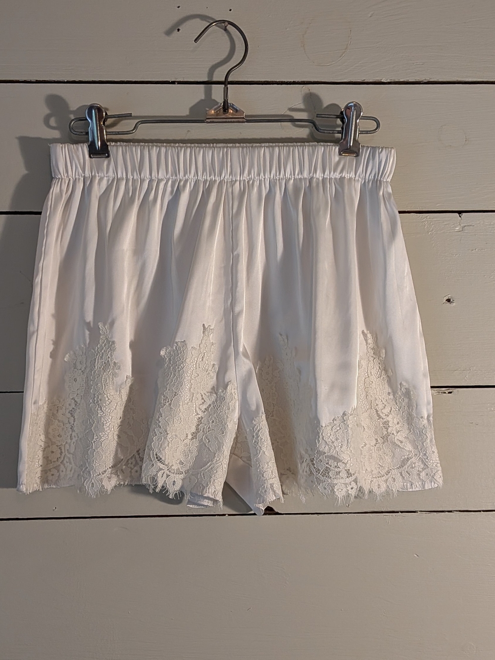 Women's White Satin Lace-Trim Elastic Waist Shorts